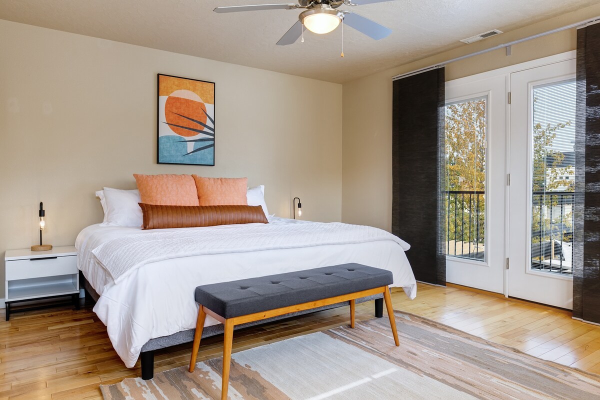 California King nectar mattress, and soft bedside reading lamps, this master bedroom provides that relaxing vibe.  