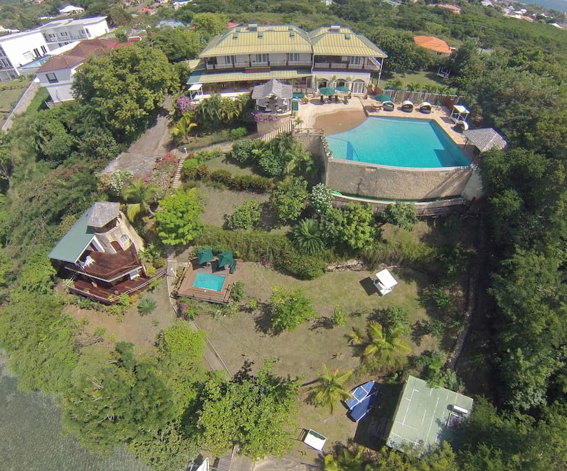 Aerial view of Main House, Pool and Sugar Mill Tower