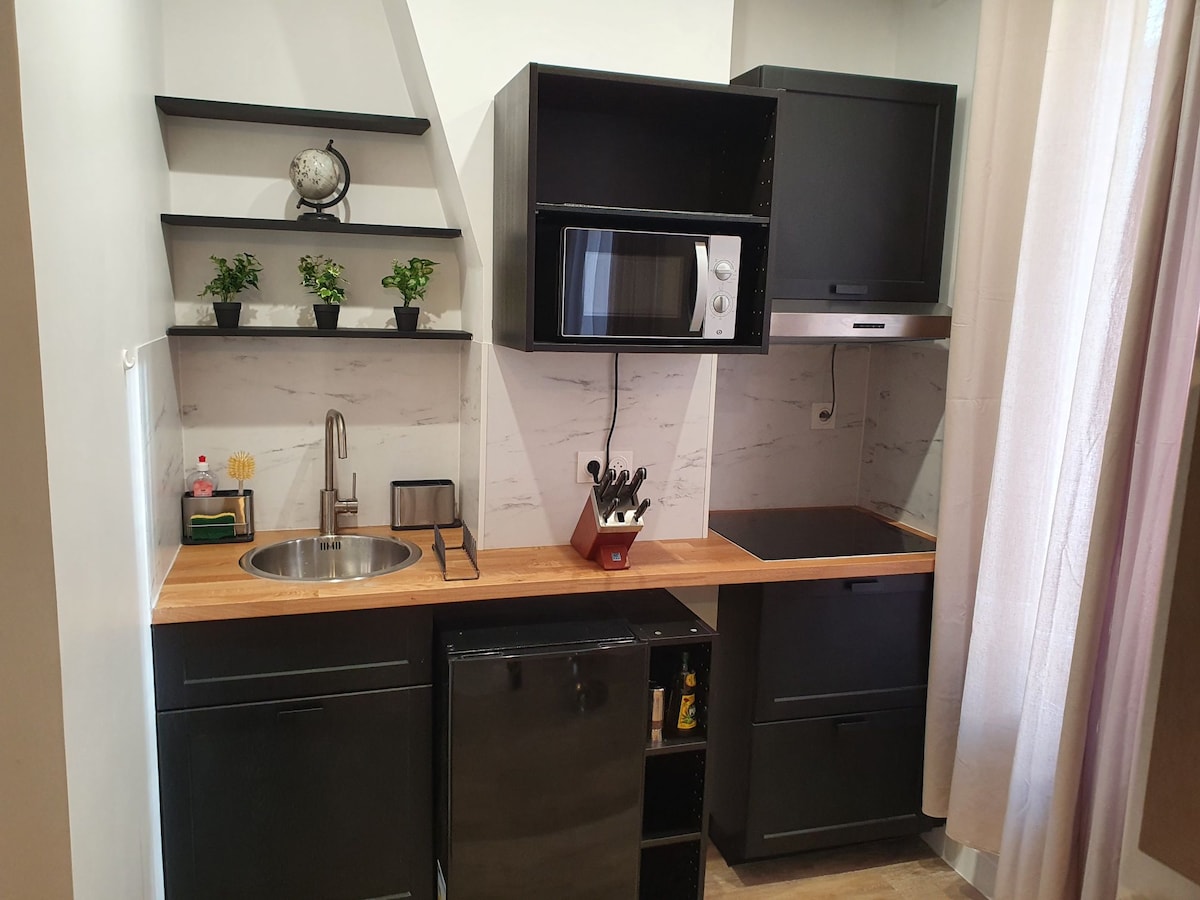 A modern kitchen space is presented with black cabinetry and a wood countertop. The kitchen includes a sink, a microwave, and a compact refrigerator. Shelves above are adorned with potted plants, complementing the clean design and ample workspace.