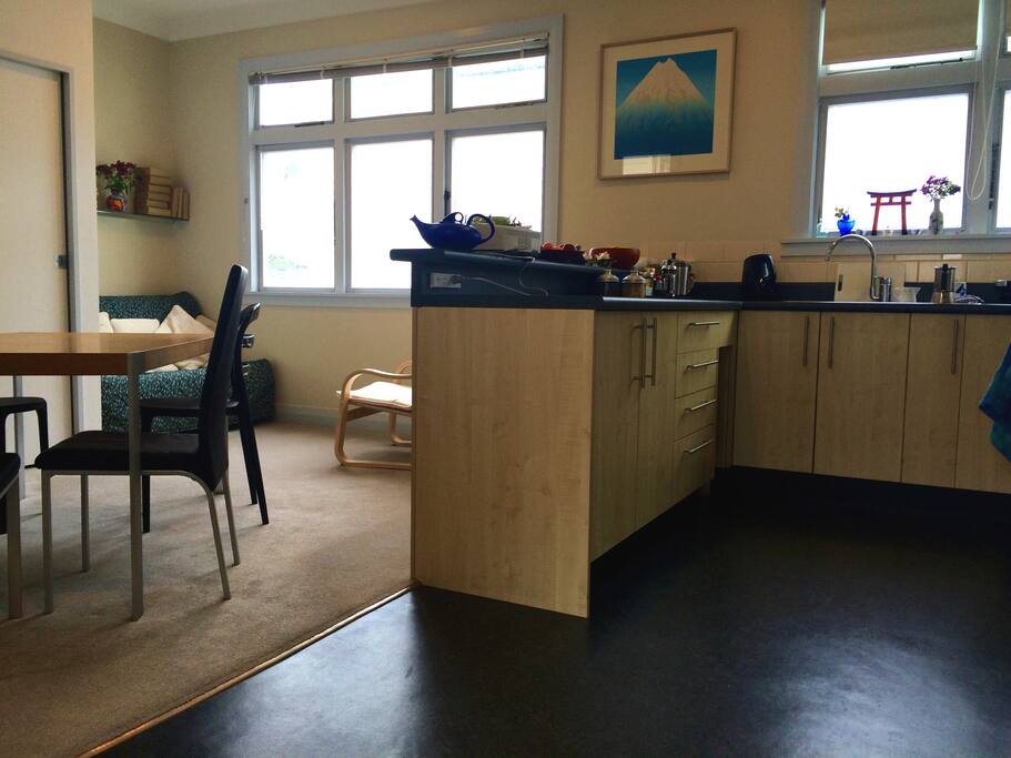 This is your living space. You'll share the kitchen with us, but otherwise this space is all yours for sitting, eating, working.