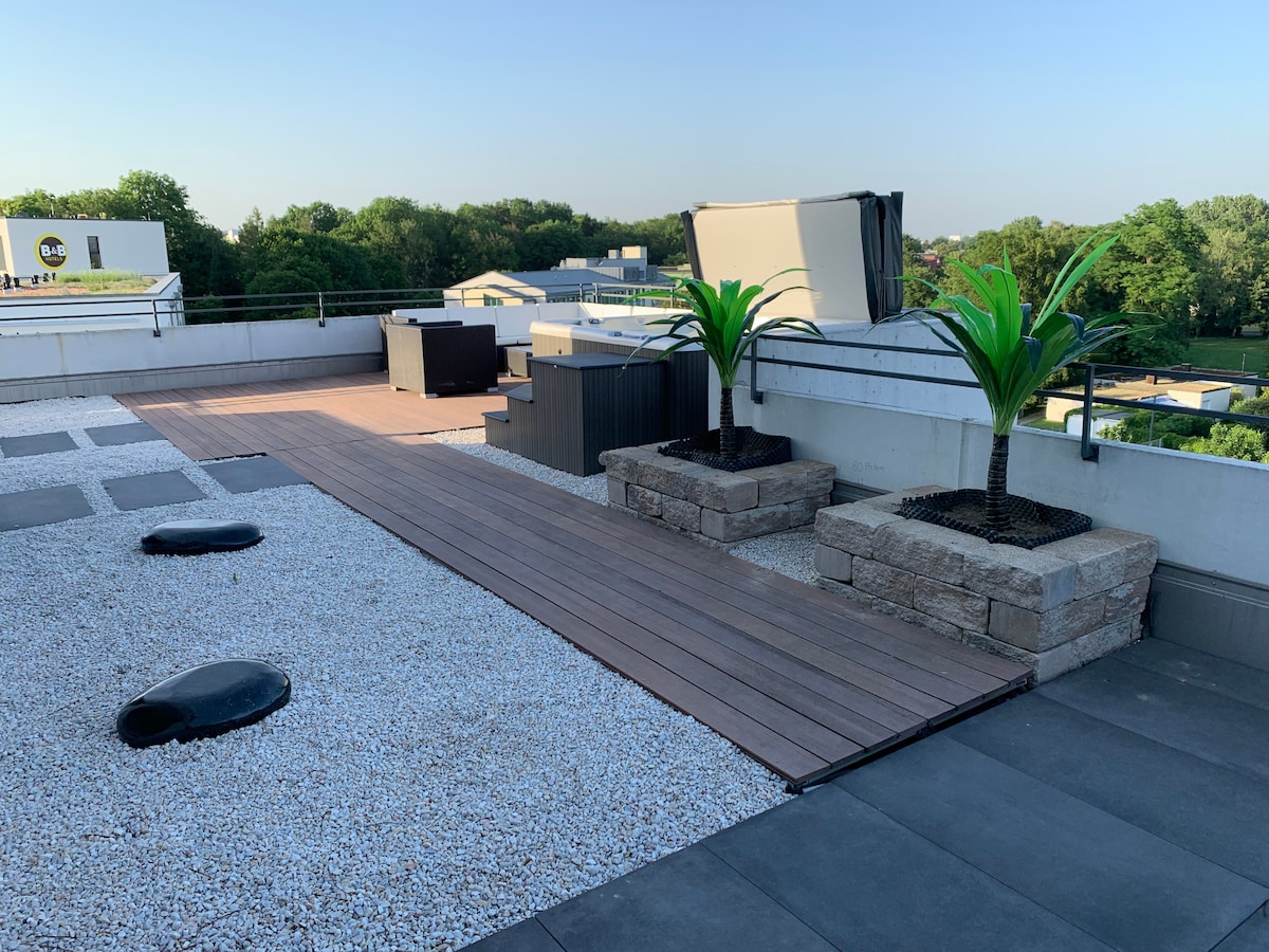 The spacious rooftop terrace features a wooden pathway surrounded by stone planters, each topped with potted palms. A hot tub is visible in the corner, alongside lounge seating set against a backdrop of greenery. The area is designed for relaxation under open skies.