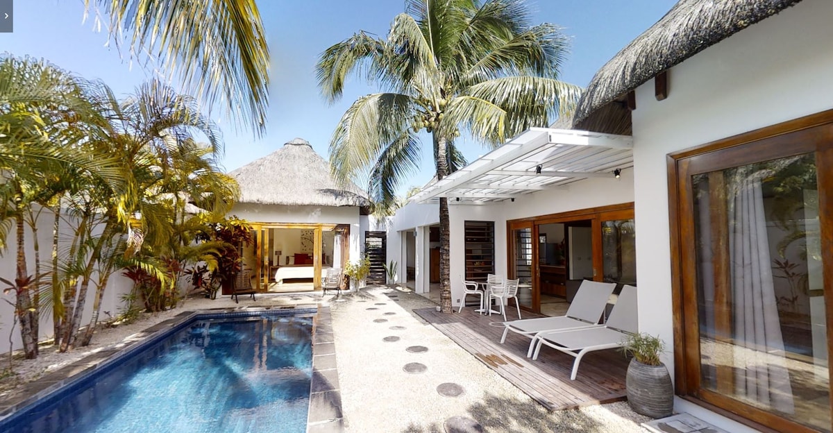 An outdoor area features a private pool surrounded by palm trees and sun loungers. A thatched-roof structure offers shaded seating, while the bright, open space allows for sunny relaxation and enjoyment of the tropical environment.