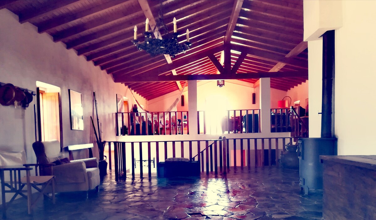 An open interior space features high wooden ceilings and a rustic stone floor. A comfortable seating area is situated near a railing, while warm light enhances the expansive layout. Vintage decor items are positioned along the walls, contributing to a charming ambiance.