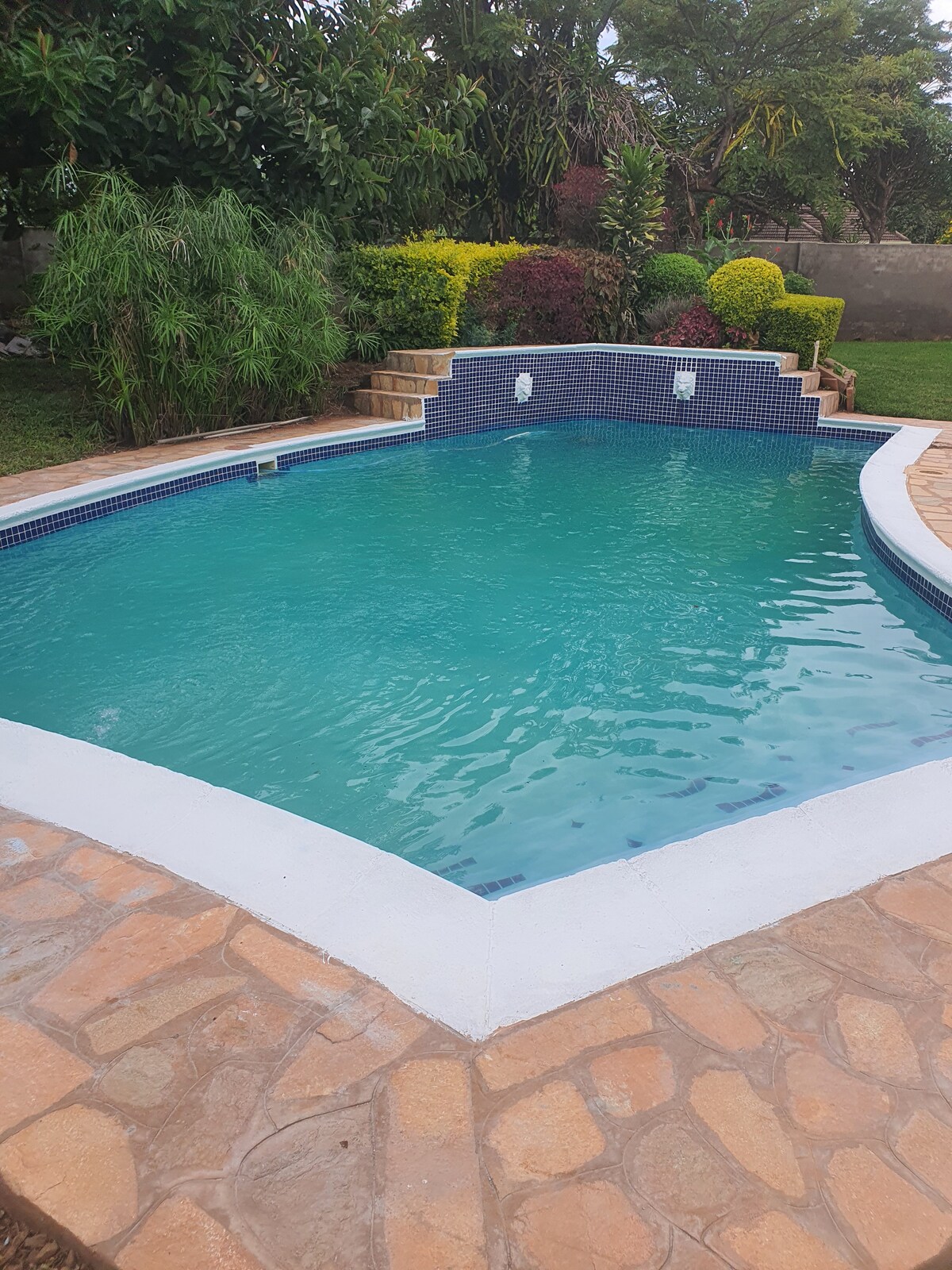 A serene swimming pool is featured with crystal-clear water and surrounded by lush greenery. Colorful landscaping enhances the area, creating a peaceful outdoor space. The pool's edges are neatly outlined with smooth stone, blending harmoniously with the vibrant garden.