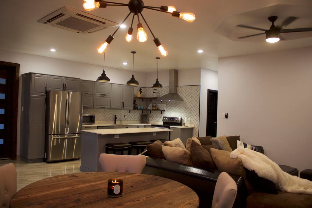 Angled view of the kitchen and dining room