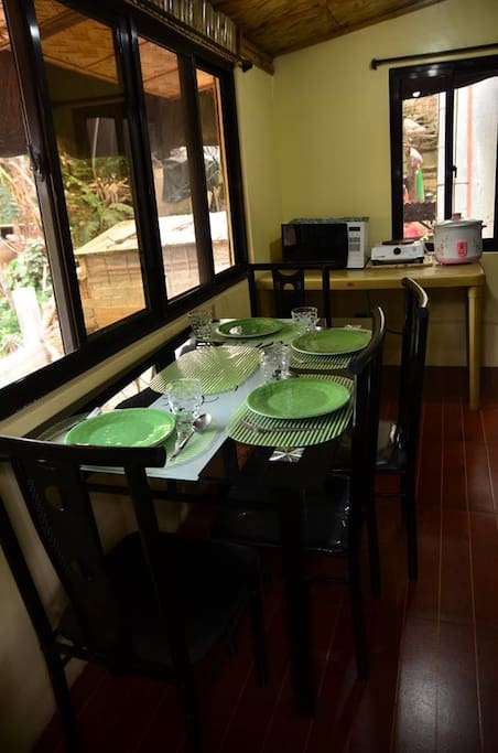Kitchen and dining area where guests can use the kitchen equipments and utensils.
