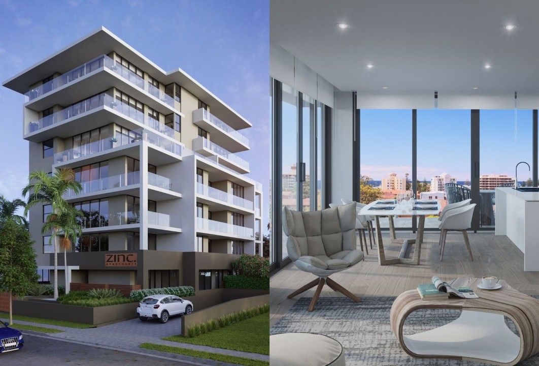The modern six-story building features a clean architectural design with large balconies and glass railings. The image also displays an open-plan living area, highlighted by floor-to-ceiling windows offering city views, and a stylish dining space with contemporary furnishings.