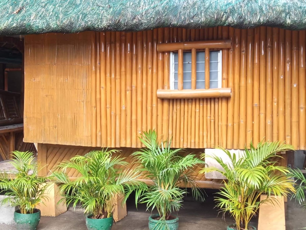 A bamboo structure features a thatched roof and a wooden window with horizontal bars. Potted green plants are arranged in front, adding a touch of nature to the exterior.