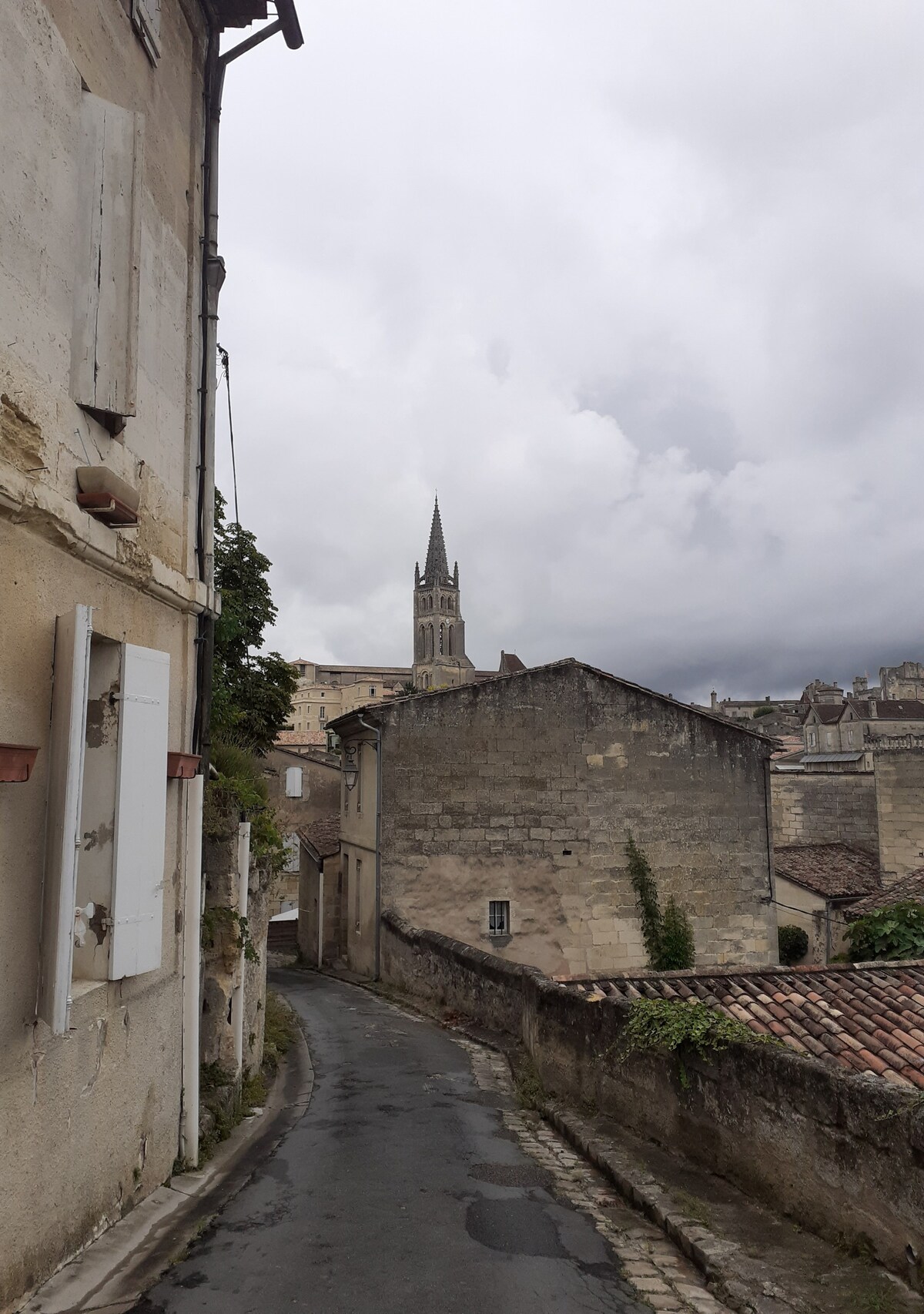 A narrow street winds through historic buildings, revealing a distinctive church steeple in the distance. Stone facades display rustic charm, while grey clouds loom overhead, hinting at a moody atmosphere. The path is bordered by overgrown greenery, leading toward the heart of Saint Emilion.