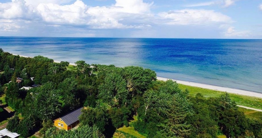 A panoramic view captures the serene coastline with gentle waves lapping against the sandy beach. Lush greenery lines the shore, complementing the golden sands. The tranquil, blue waters extend towards a clear sky, inviting a sense of calm and natural beauty.