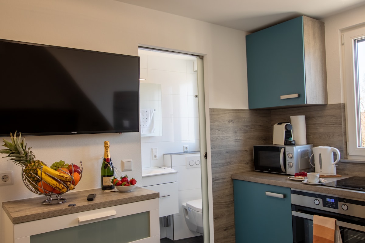 A modern kitchenette is shown with blue cabinets and a quartz countertop. A bowl of fresh fruit is placed alongside a bottle of sparkling wine on the counter. Appliances, including a microwave and kettle, are neatly arranged, while a flat-screen TV is mounted on the wall. A bathroom door is visible in the background.