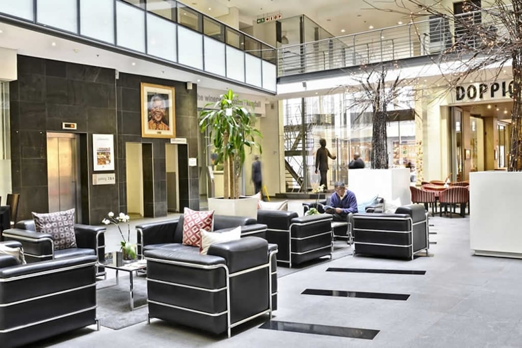 Lobby area includes a great restaurant, coffee shop and a spa. Across the road is a grocery store and a few more restaurants.