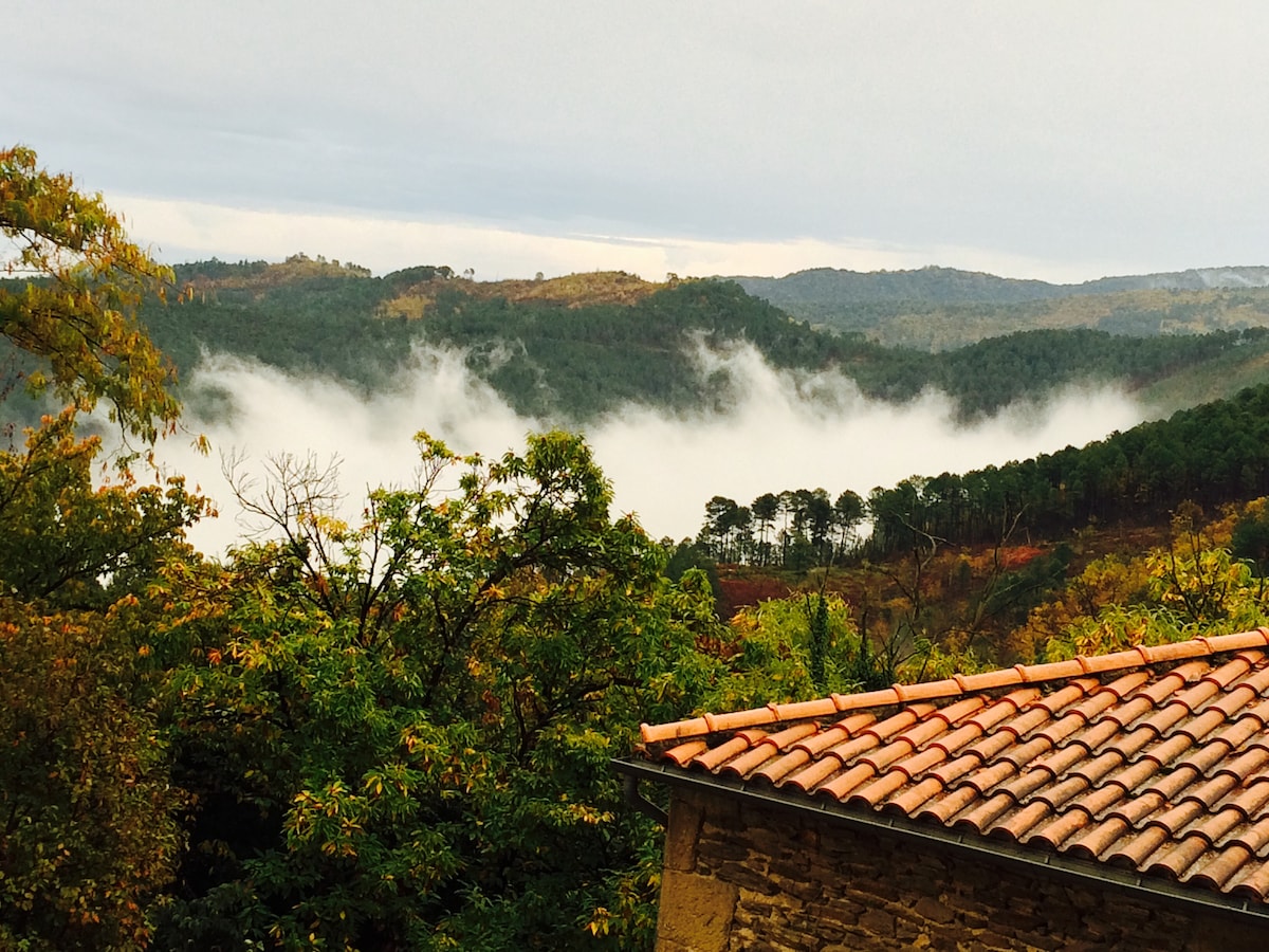 A scenic view of the valley is captured, featuring lush green trees and rolling hills partially shrouded in mist. A rustic stone building with a terracotta roof is positioned in the foreground, complementing the natural landscape.