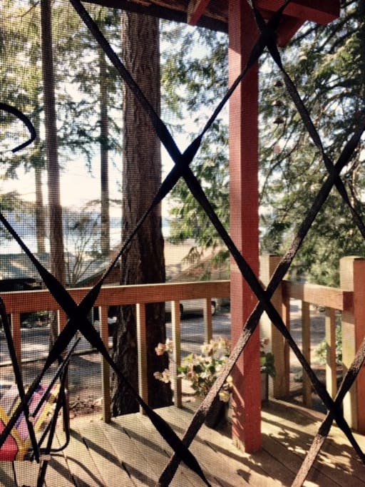 Front porch of Khalo Cottage through vintage screen/front door.