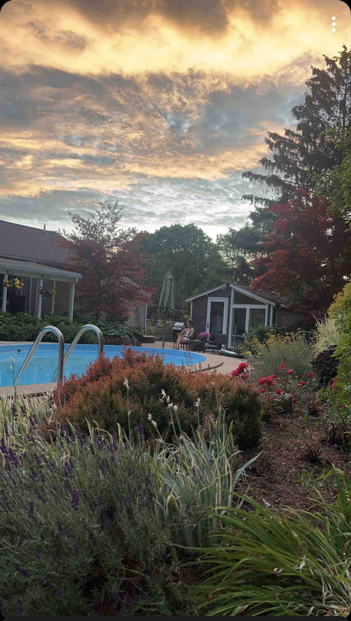 A serene backyard scene captures a well-maintained swimming pool beside colorful blooms and lush greenery. The sky features soft, warm hues at sunset, while a small structure can be seen in the background. Poolside seating offers a relaxed space for enjoyment.
