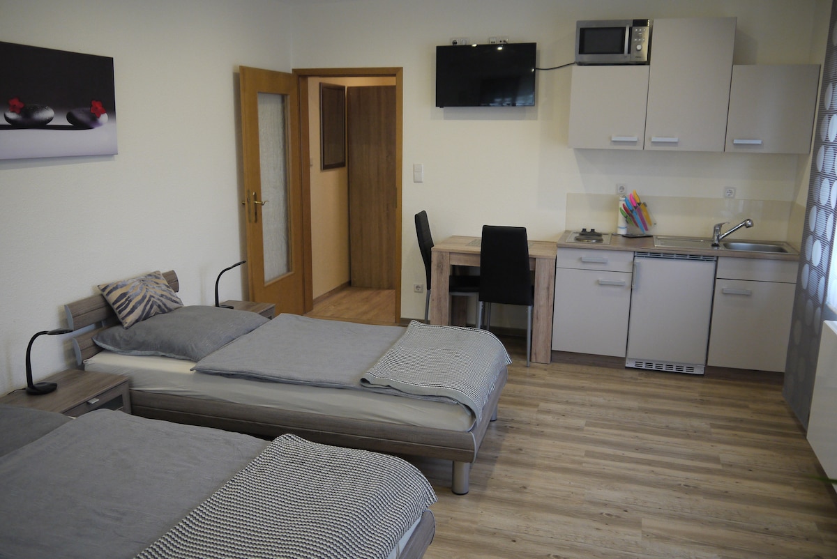 The apartment features two spacious beds separated by a small nightstand. A dining table with a black chair is positioned next to a kitchenette, which includes a microwave and sink. Natural light filters in through a window adorned with circular patterned curtains.