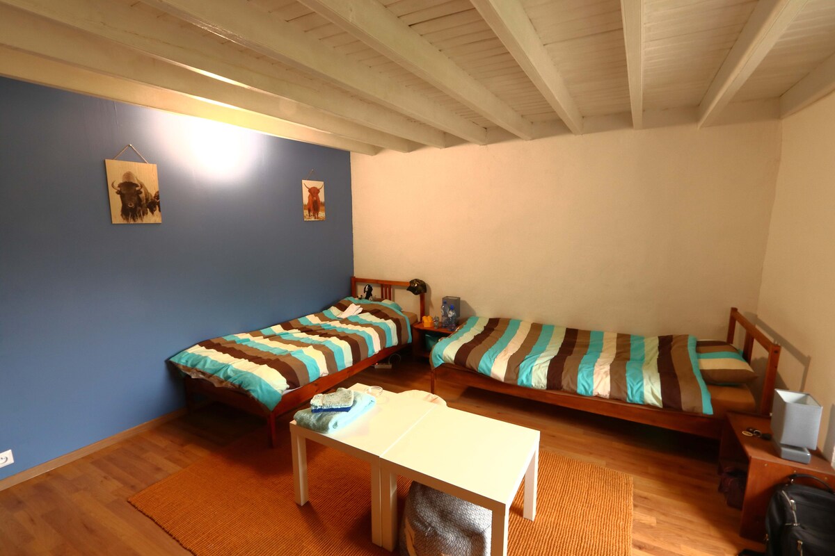 Een andere slaapkamer met  twee eenpersoonsbedden en een babybedje voor je baby