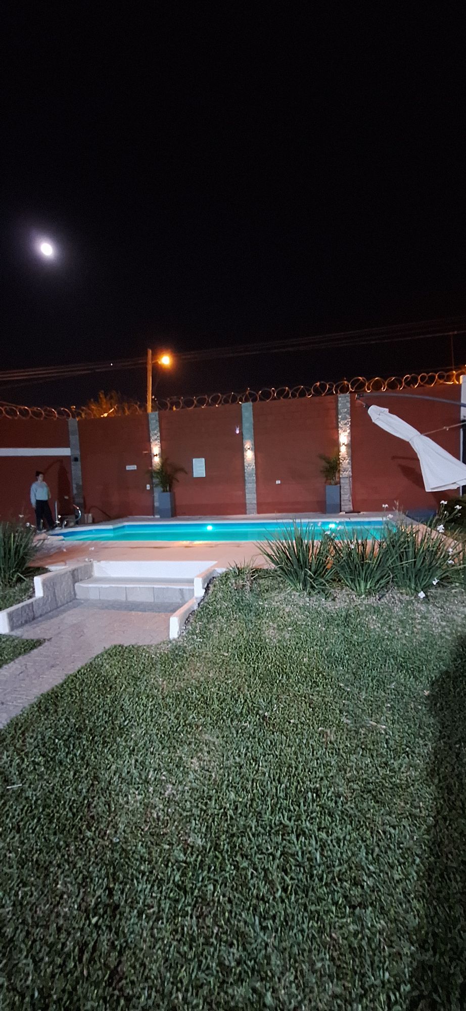 A well-lit swimming pool is surrounded by lush grass and a decorative wall. The moon casts a soft glow over the scene, while a lounge chair is positioned beside the pool. Small shrubs add greenery to the tranquil outdoor space.