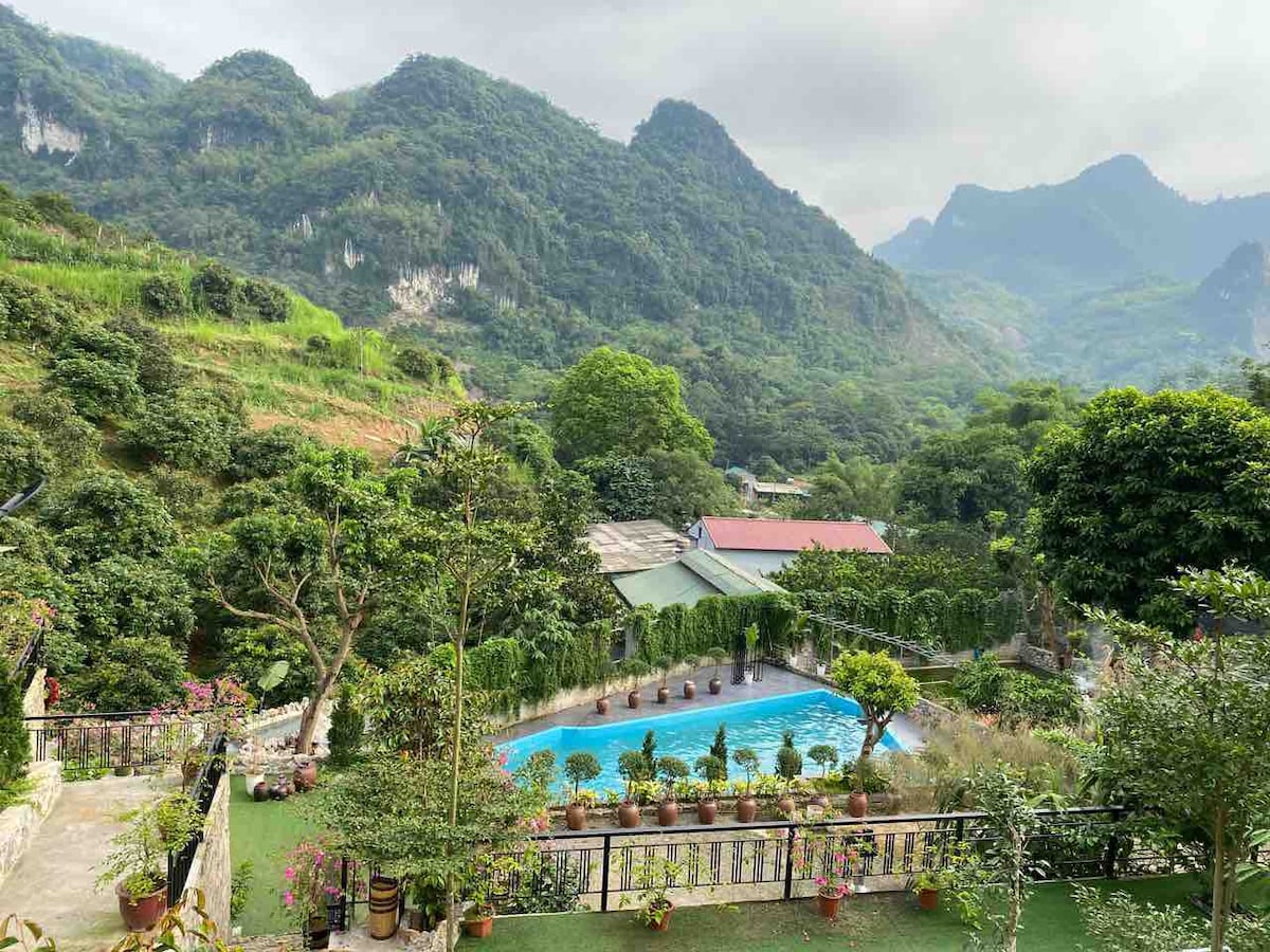 A serene outdoor space features a swimming pool surrounded by lush greenery and potted plants. Scenic mountains rise in the background, and a collection of trees is visible nearby. The area offers a peaceful and natural environment.