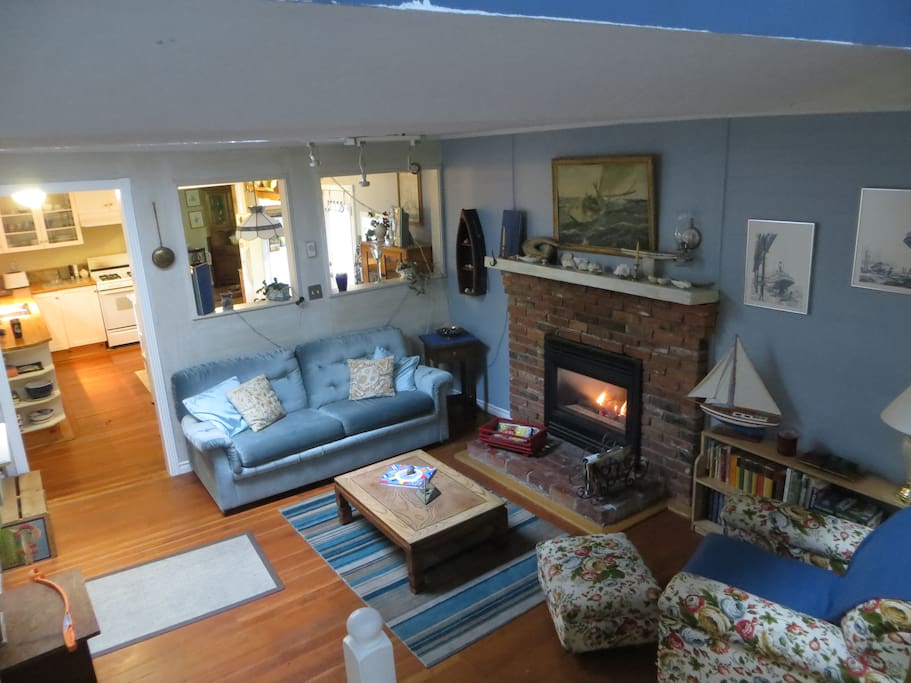 shared living room with gas fire place