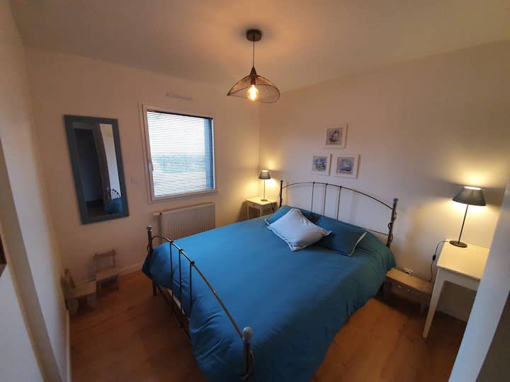 חדר השינה הראשי למטה: הוא משקיף על חדר הרחצה (מקלחת בכניסה)והשירותים במסדרון.