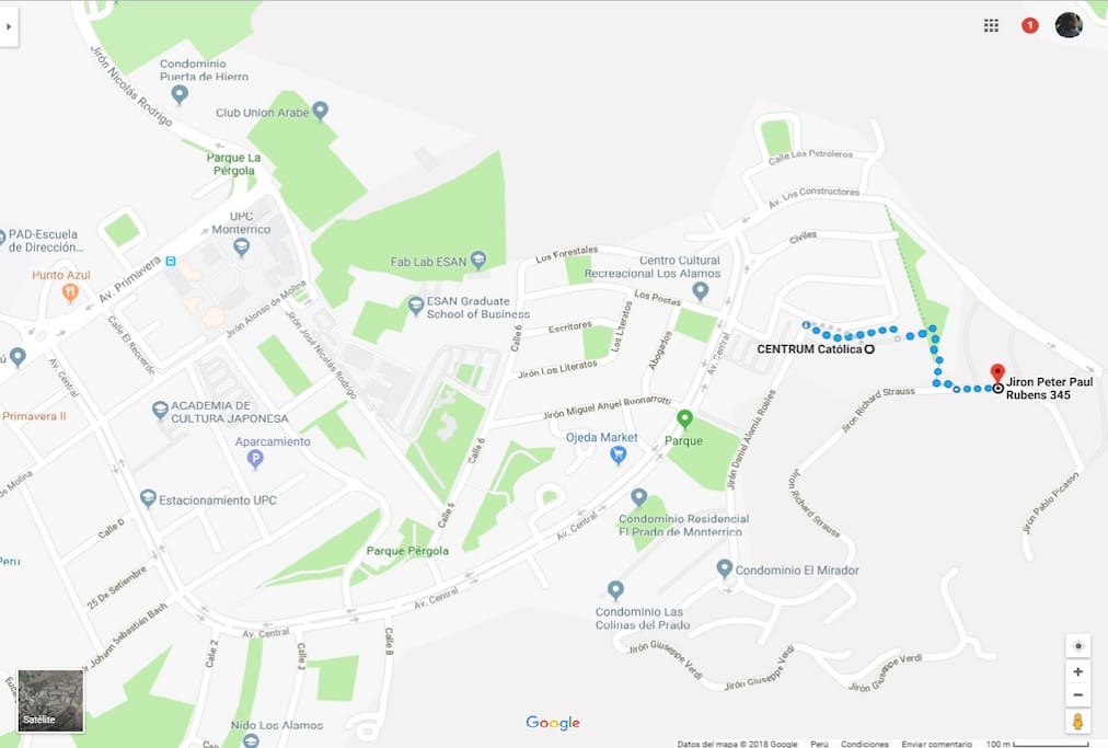 CENTRUM: 5min caminando
UPC: 5min en servicio publico y 15min caminando
ESAN: 5min en servicio publico y 15min caminando
PAD: 10min en servicio publico