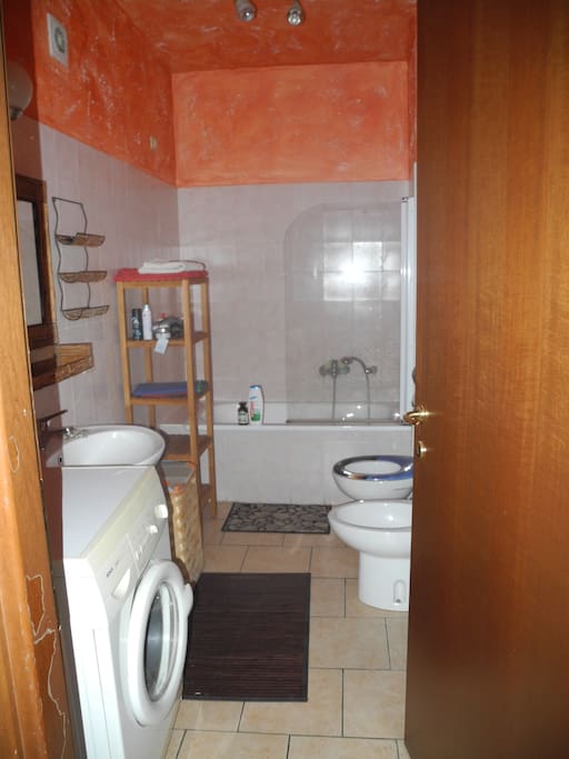 Spacious toilet with washing machine.