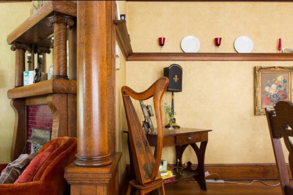 Unique view of fireplace and dining room