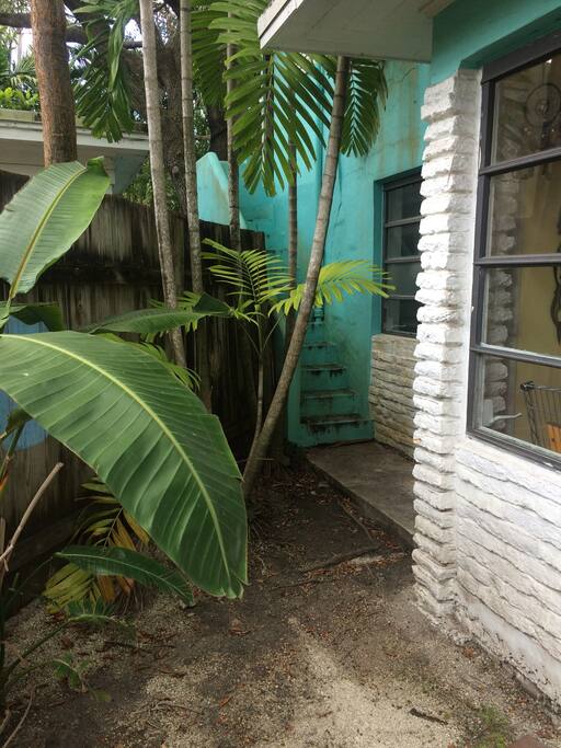 Narrow stairs (turquoise) up to 'treehouse' guestroom