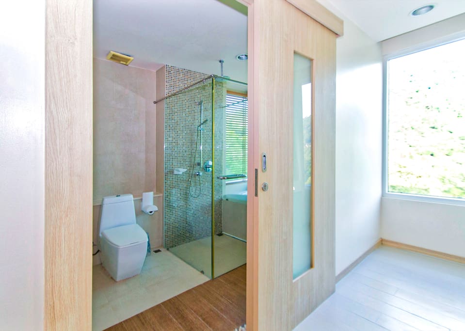 Main Bathroom entrance with private dressing area and storage.