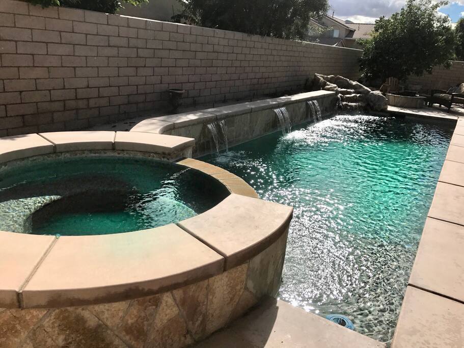 Here is our pool we have 4 water falls a hot tub and a nice patio area