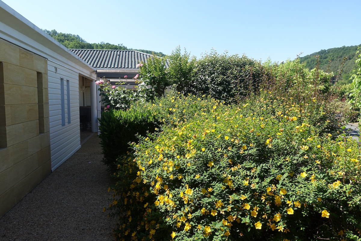 A well-maintained pathway is lined with vibrant greenery and blooming yellow flowers. The gently curved path leads towards the accommodation, framed by lush bushes and plants, with a clear blue sky visible above the surrounding landscape.