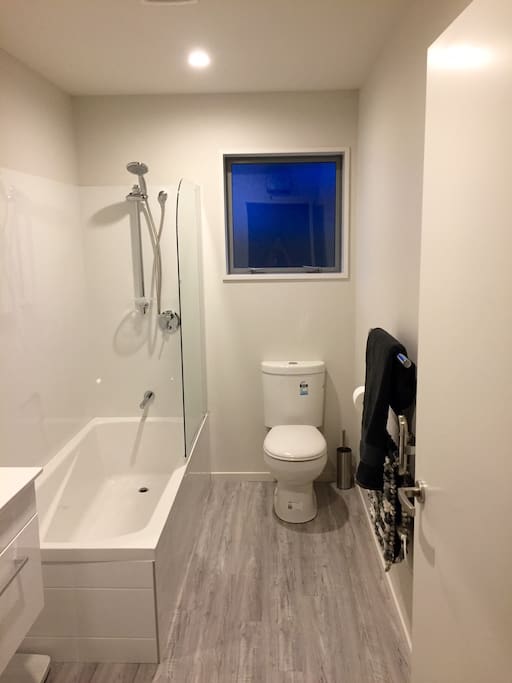 Private bathroom for guests with toilet, shower, bath, sink and mirror