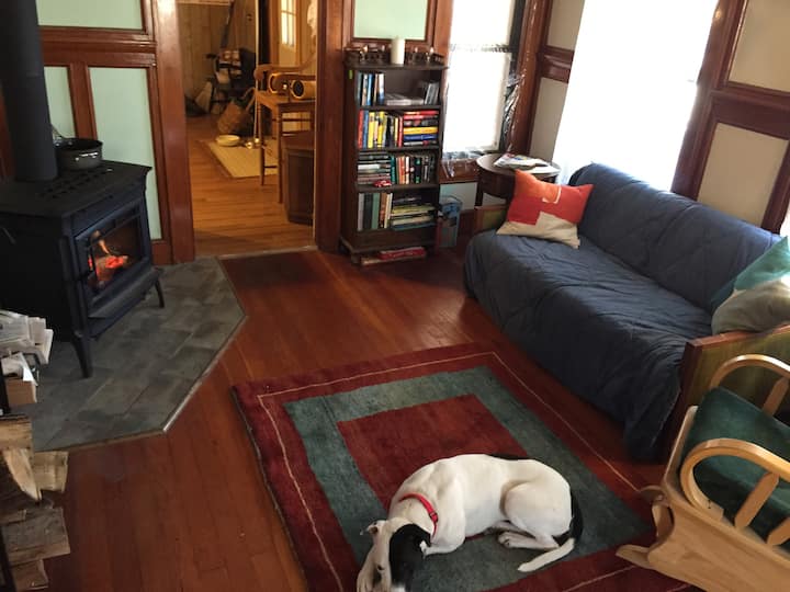 New woodstove in the other half of the living room.  Couch folds out to  comfy bed w/ memory foam topper.