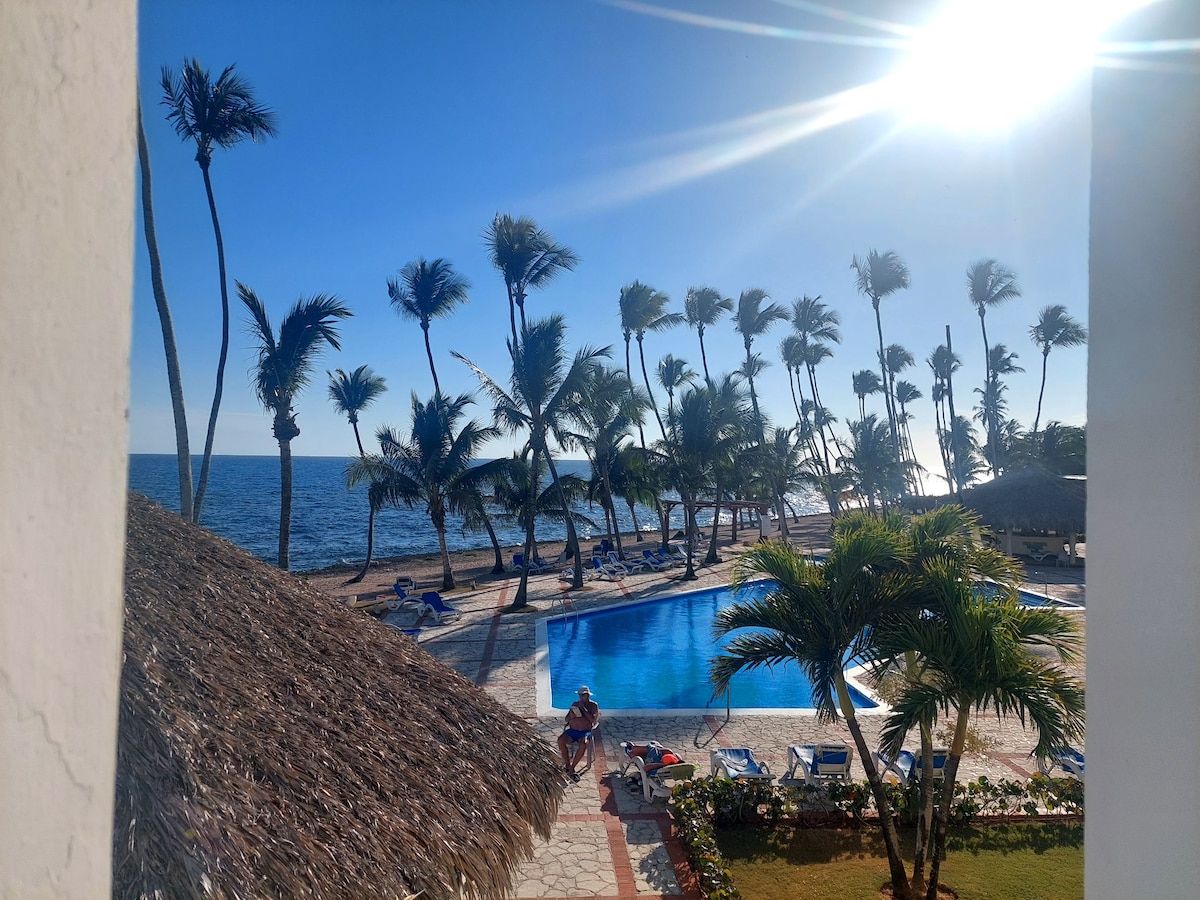 A serene view features a swimming pool surrounded by palm trees, with the ocean in the background. The sun shines brightly, illuminating the scene. Beach chairs are positioned near the pool, creating a relaxing atmosphere for guests to enjoy.