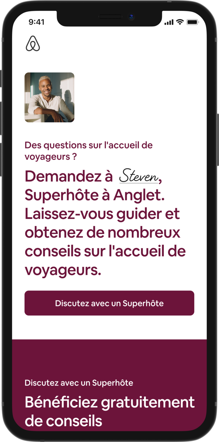 Un téléphone mobile affiche la page d'accueil « Discutez avec un Superhôte ». On peut voir la photo de profil d'un hôte souriant, associée à un texte indiquant : « Des questions sur l'accueil de voyageurs ? Demandez à Steven, un Superhôte à Anglet. Profitez de ses conseils sur tout ce qui concerne l'accueil de voyageurs ». En-dessous, un bouton indique « Discutez avec un Superhôte ».