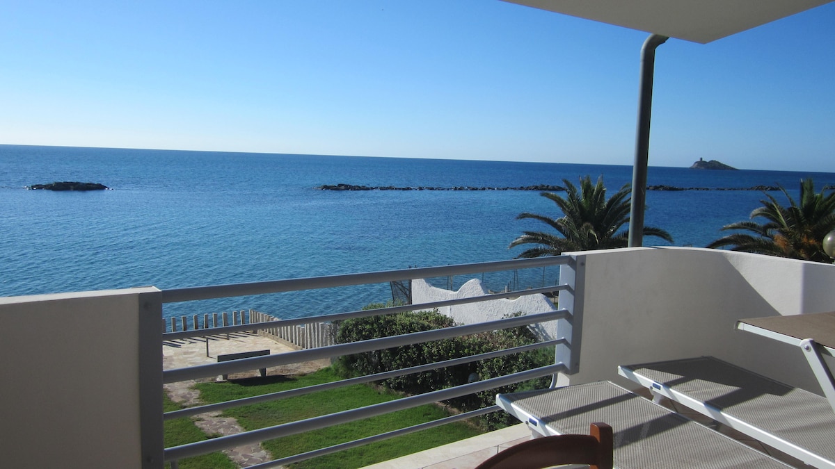 A spacious veranda offers unobstructed views of the shimmering blue sea, framed by palm trees. In the distance, the island of San Macario and a rocky coastline are visible under a clear sky.