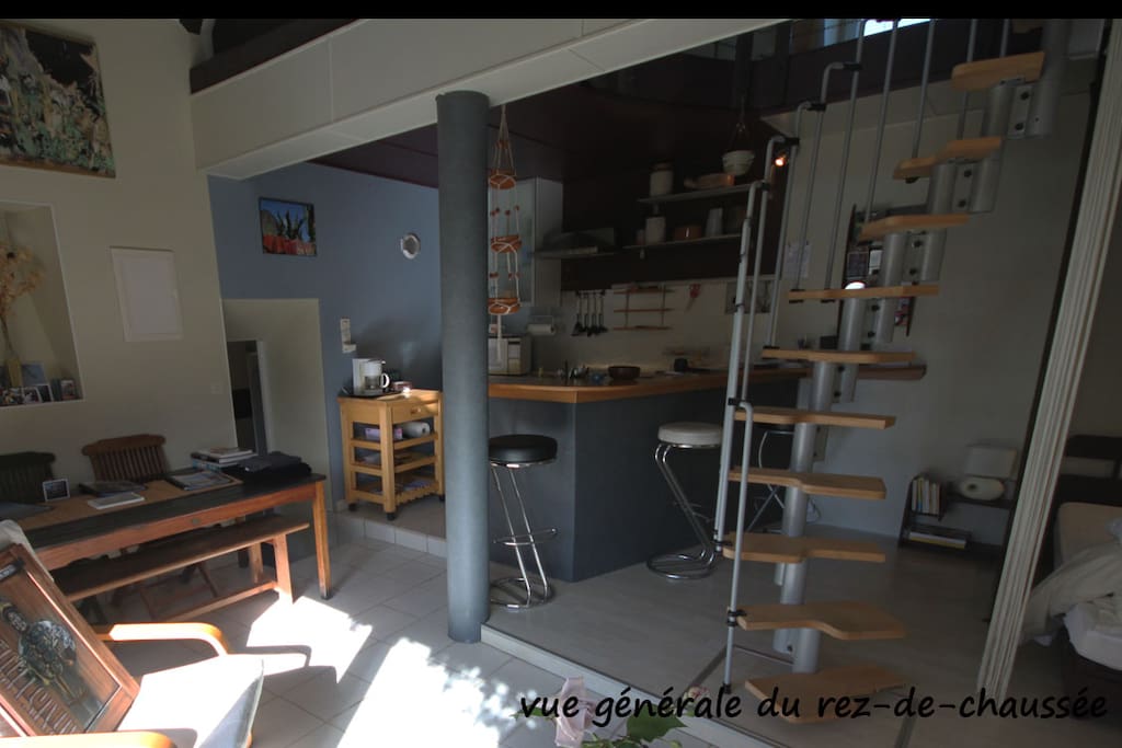 Le r d c avec son bar, sa cuisinette et sa bibliothèque