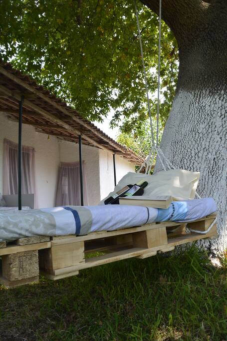 the pallet bed under the tree