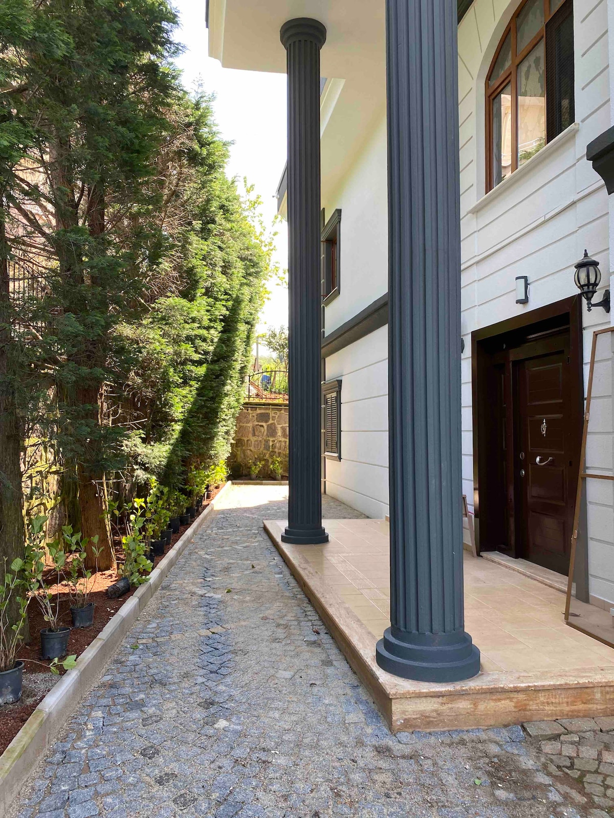 A well-maintained pathway leads to the entrance of the villa, framed by two tall columns. Lush greenery lines the sides, providing a natural privacy screen. The entrance features a dark wooden door and exterior lighting fixtures, set against a light-colored facade.