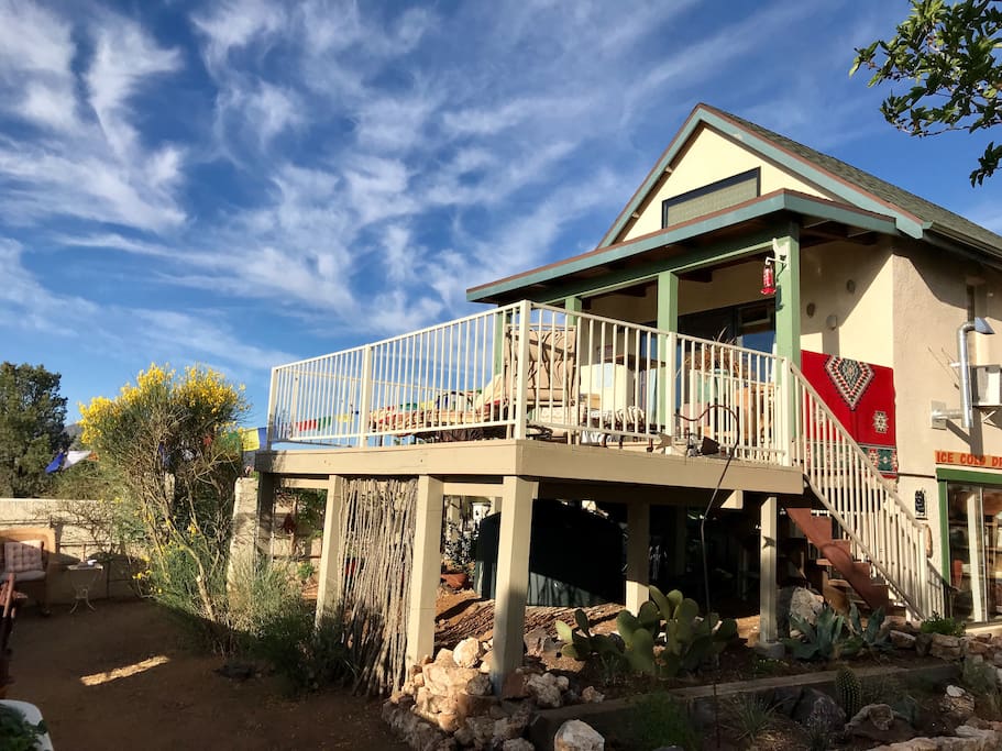 The kit log cabin you'll be staying in was built in the late 1980s. In the early '90s, an addition (now the main house) was attached and the cabin's logs were covered in stucco to match. Even though the cabin and main house are attached, it’s a very private space with its own entrance.