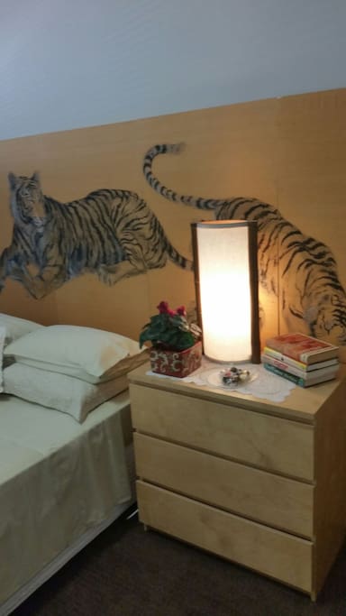 Hand painted silk Tiger panels bed head.