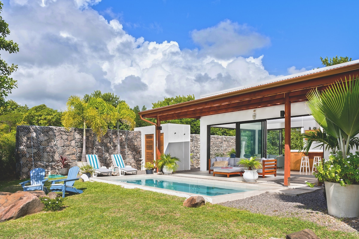 A contemporary villa is set in a lush garden, featuring a private pool surrounded by lounge chairs. Large glass panels allow for natural light and views of the outdoor space. The covered terrace offers additional seating and dining options, enhancing the seamless connection with nature.