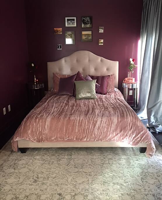 Queen sized been & blackout shades for a restful sleep.
