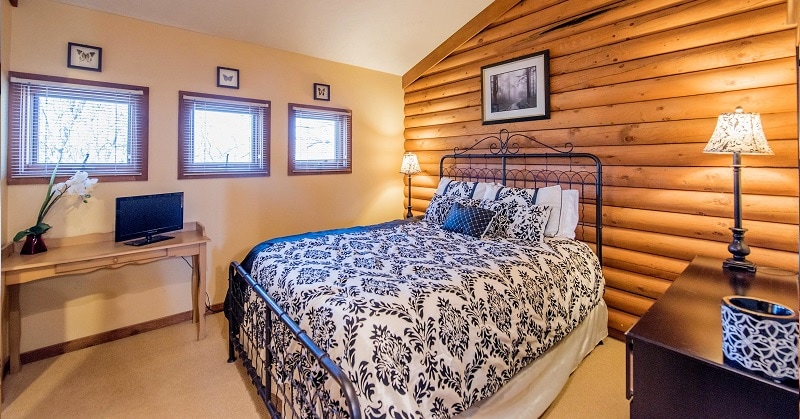 The main bedroom features a spacious bed adorned with a dark floral patterned comforter. Natural light enters through three small windows, highlighting the rustic wood-paneled wall. A desk and television are positioned against one wall, complemented by a stylish bedside lamp.