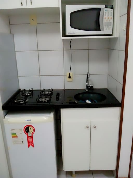 Armário, frigobar, microondas, fogão.