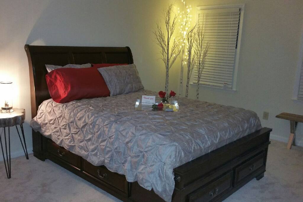 "The Modern Woodland" Queen Bedroom has LED faux birch tree lighting and Eidson bulb table lamp--Connecting private bath with shower, push button toilet and modern vanity lighting--Television in room with Directv; Some toiletries provided