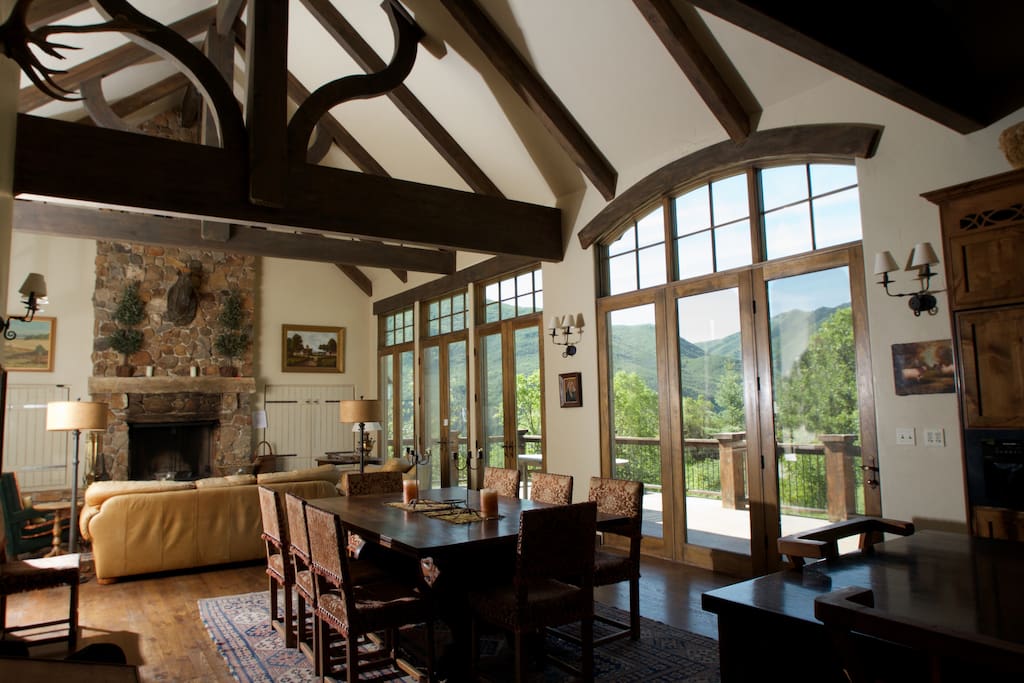Large Great rm huge stone fireplace. Walks out to large deck that sits 10. 60in TV