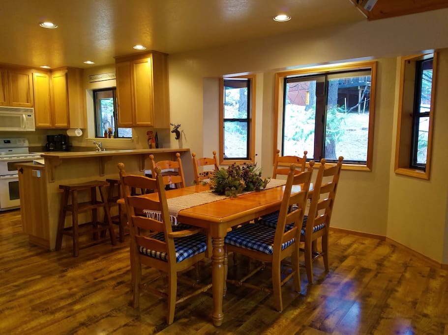 Enter into the open living and dining area