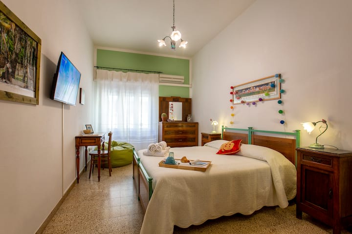 Chambre verte : chambre privée avec climatisation, salle de bain privée, Wi-Fi et télévision connectée.